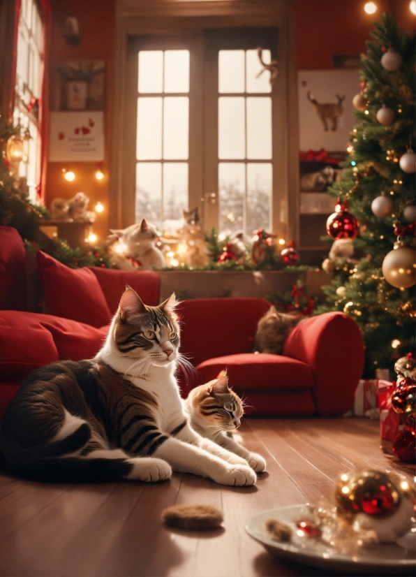 Christmas Tree, Cat, Photograph, Window, White, Light