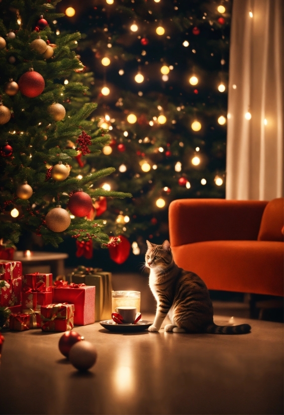 Christmas Tree, Cat, Plant, Christmas Ornament, Light, Interior Design