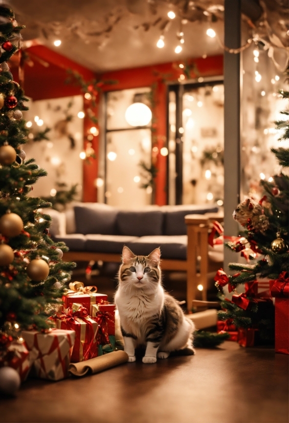 Christmas Tree, Cat, White, Light, Plant, Christmas Ornament