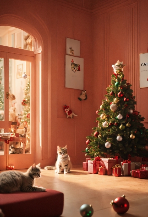 Christmas Tree, Cat, Window, Plant, Lighting, Interior Design