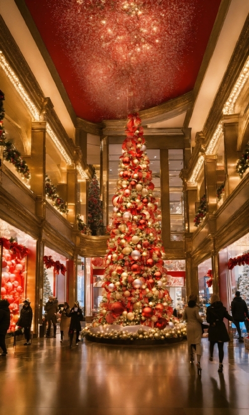 Christmas Tree, Christmas Ornament, Building, Interior Design, Lighting, Plant