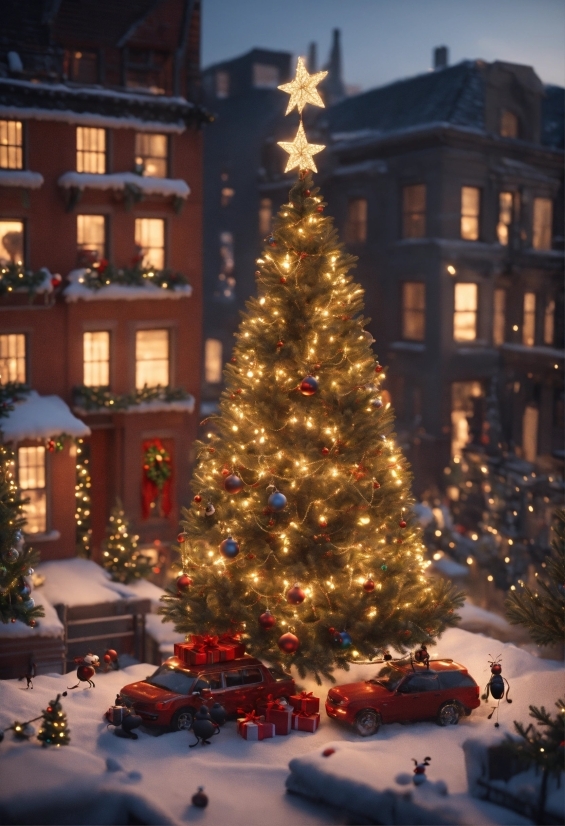 Christmas Tree, Christmas Ornament, Building, Snow, Window, Light