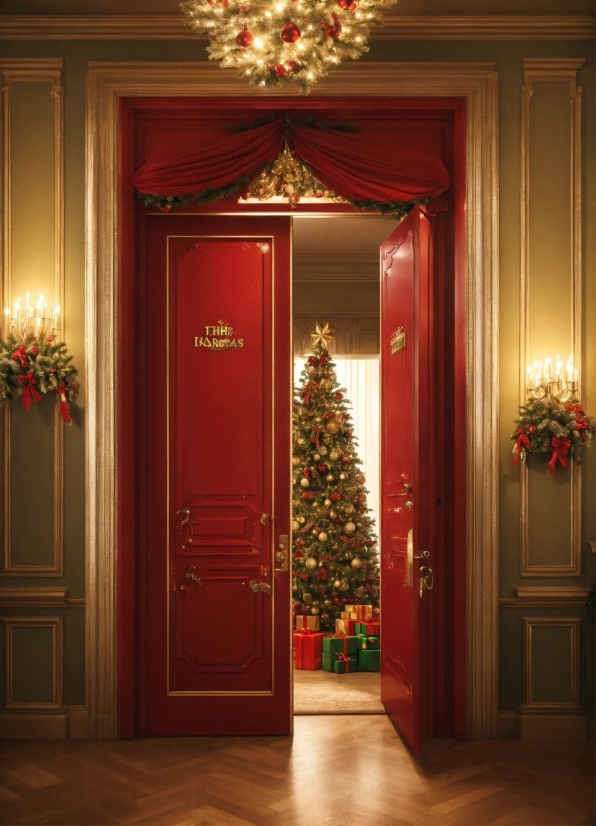 Christmas Tree, Christmas Ornament, Gold, Wood, Lighting, Door