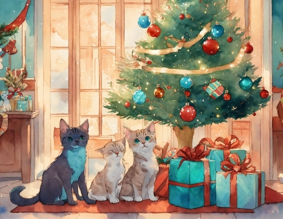 Christmas Tree, Christmas Ornament, Green, Blue, Cat, Window