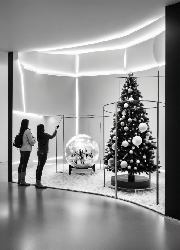 Christmas Tree, Christmas Ornament, Interior Design, Standing, Black-and-white, Architecture