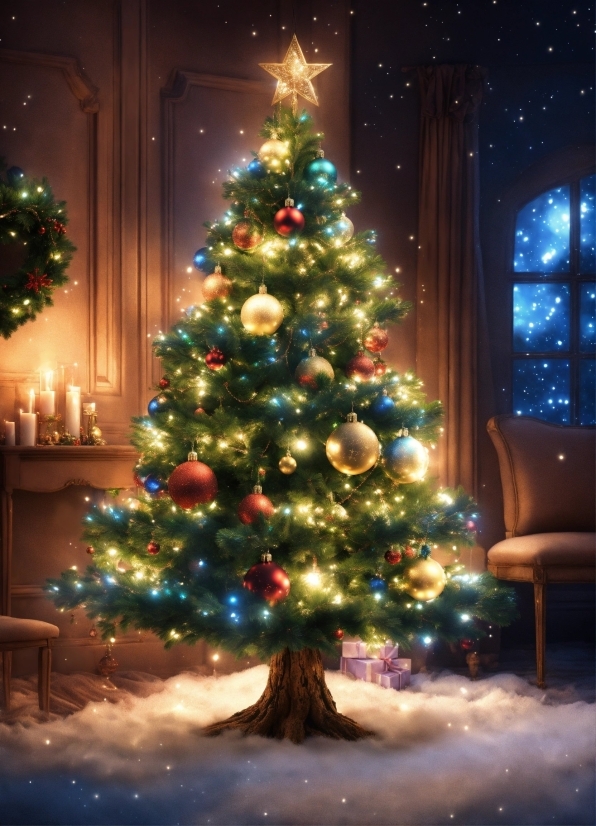 Christmas Tree, Christmas Ornament, Light, Blue, Plant, Branch