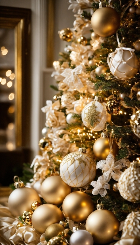 Christmas Tree, Christmas Ornament, Light, Branch, Plant, Gold