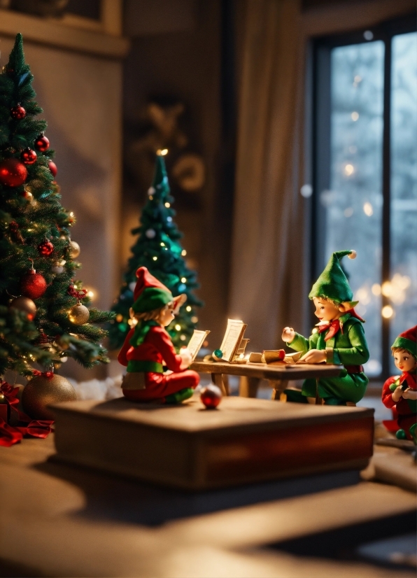 Christmas Tree, Christmas Ornament, Light, Green, Interior Design, Wood