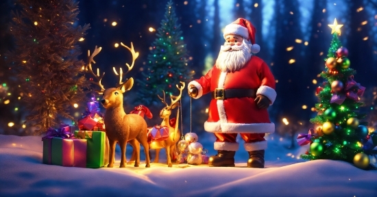 Christmas Tree, Christmas Ornament, Light, Snow, Cartoon, Fawn