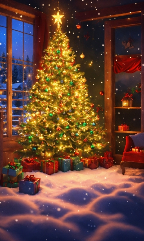 Christmas Tree, Christmas Ornament, Light, Snow, Nature, Branch