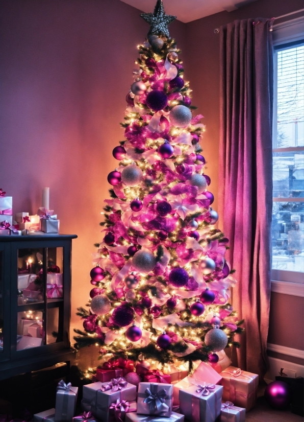 Christmas Tree, Christmas Ornament, Purple, Window, Plant, Branch
