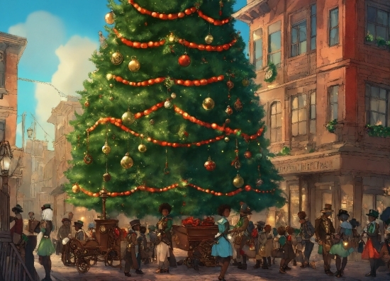 Christmas Tree, Christmas Ornament, Sky, Building, Window, Holiday Ornament
