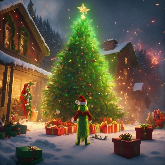 Christmas Tree, Christmas Ornament, Snow, Light, Sky, Green