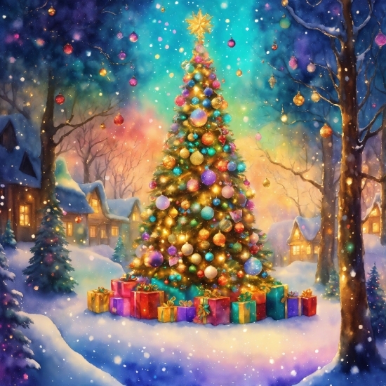 Christmas Tree, Christmas Ornament, Snow, Plant, Light, Nature