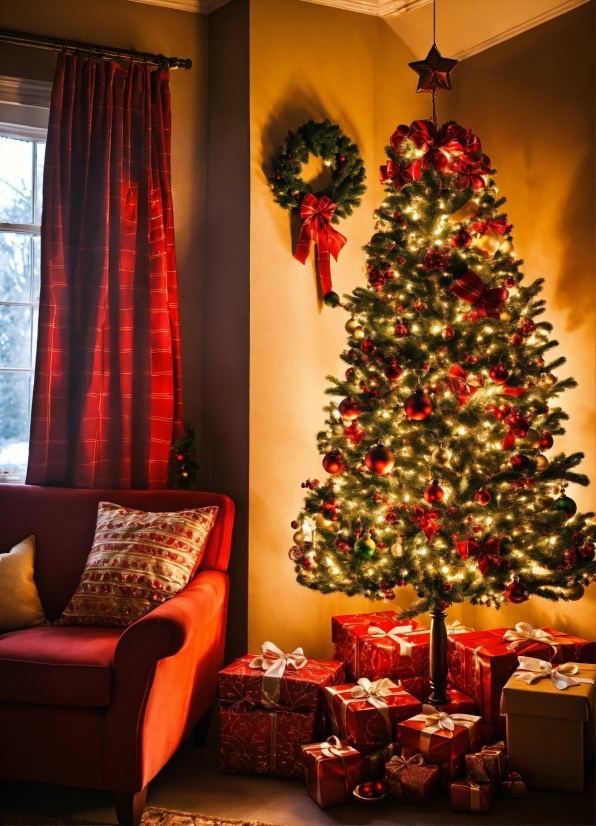 Christmas Tree, Christmas Ornament, Window, Light, Wood, Lighting