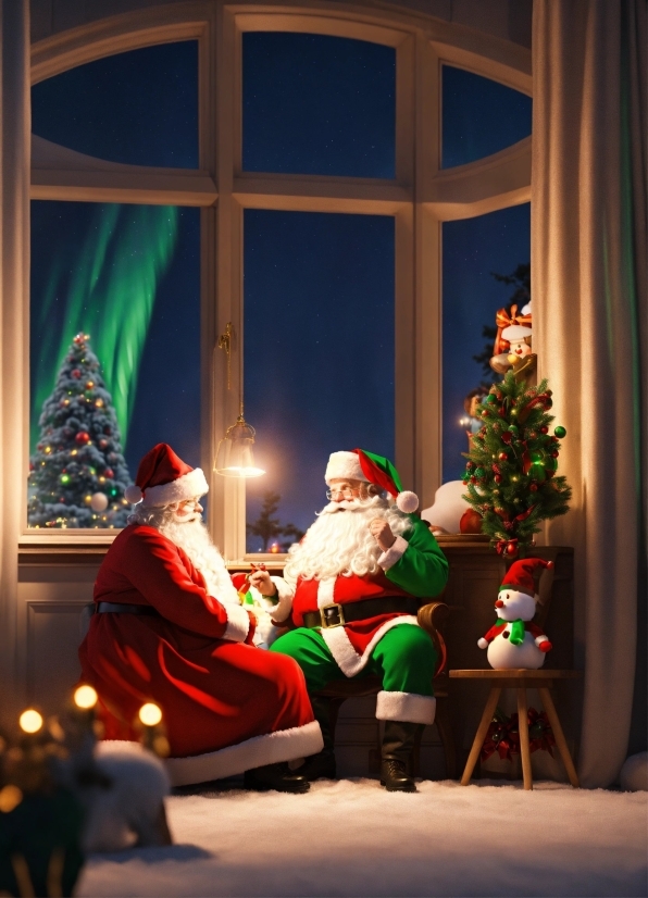 Christmas Tree, Christmas Ornament, Window, Santa Claus, Hat, Curtain