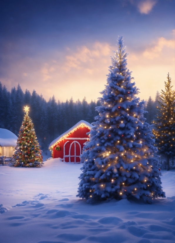 Christmas Tree, Cloud, Sky, Snow, Light, Plant