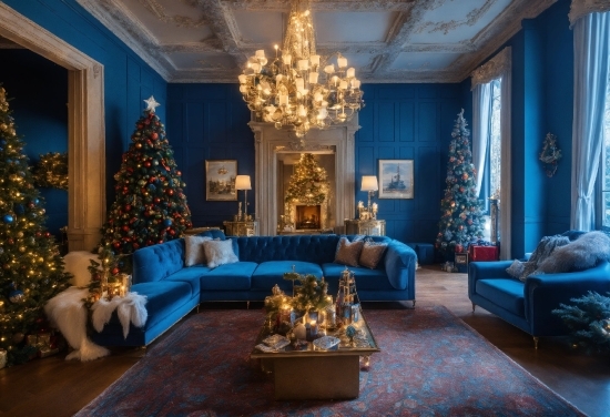 Christmas Tree, Couch, Furniture, Decoration, Blue, Table
