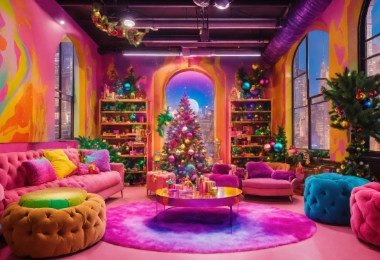 Christmas Tree, Decoration, Furniture, Purple, Light, Plant