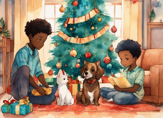 Christmas Tree, Dog, Green, Sharing, Mammal, Toy