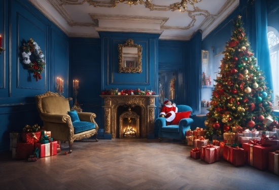 Christmas Tree, Furniture, Blue, Picture Frame, Decoration, Building
