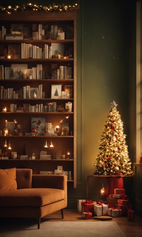 Christmas Tree, Furniture, Bookcase, Light, Shelf, Christmas Ornament
