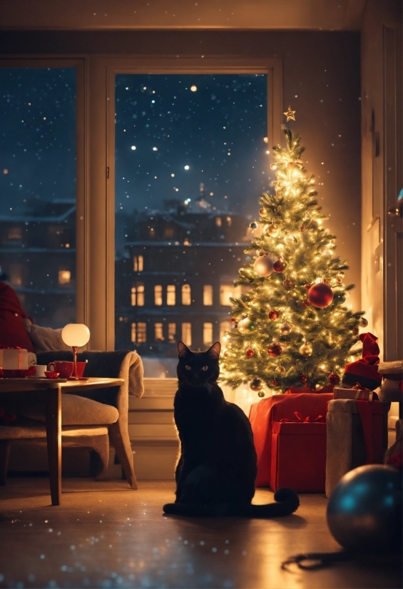 Christmas Tree, Furniture, Cat, Plant, Blue, Window