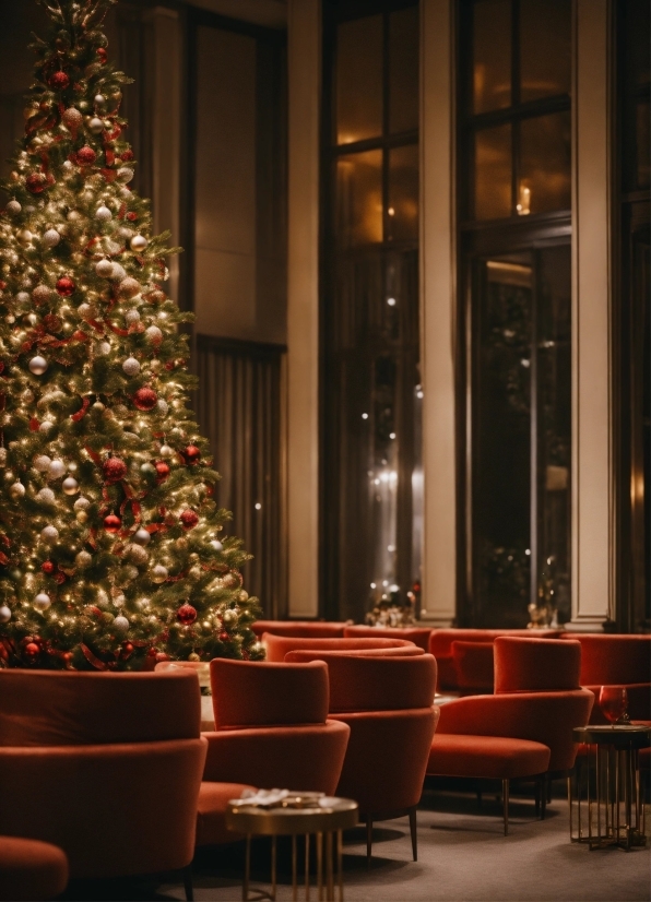 Christmas Tree, Furniture, Christmas Ornament, Chair, Interior Design, Christmas Decoration