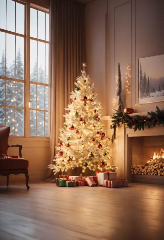 Christmas Tree, Furniture, Christmas Ornament, Plant, Window, Branch