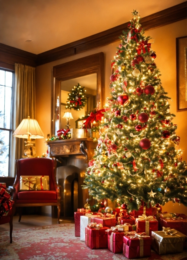 Christmas Tree, Furniture, Christmas Ornament, Window, Interior Design, Wood