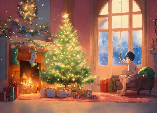 Christmas Tree, Furniture, Christmas Ornament, Window, Light, Lighting