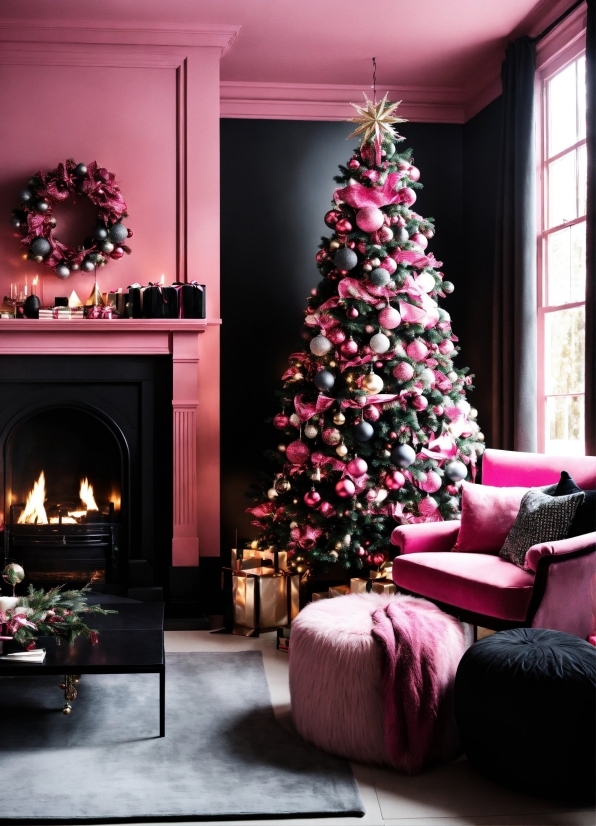 Christmas Tree, Furniture, Christmas Ornament, Window, Living Room, Lighting