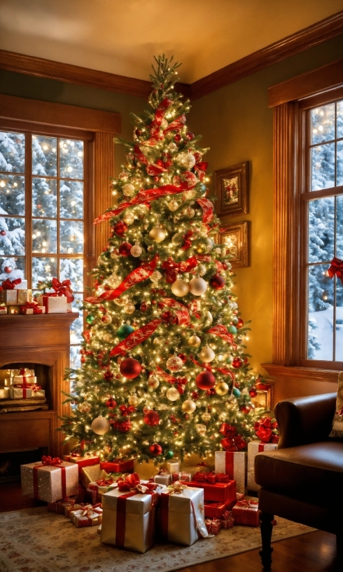 Christmas Tree, Furniture, Christmas Ornament, Window, Wood, Branch