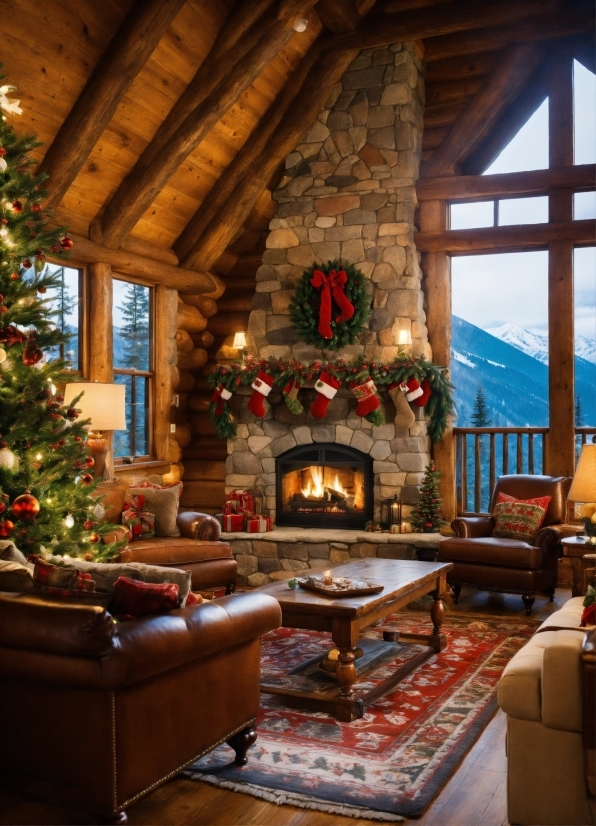 Christmas Tree, Furniture, Couch, Wood, Window, Lighting