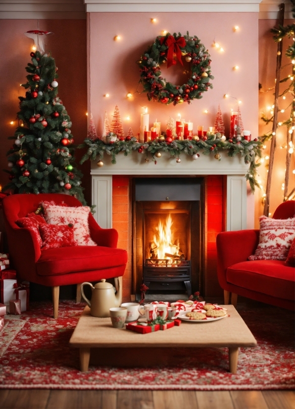 Christmas Tree, Furniture, Decoration, Lighting, Interior Design, Hearth
