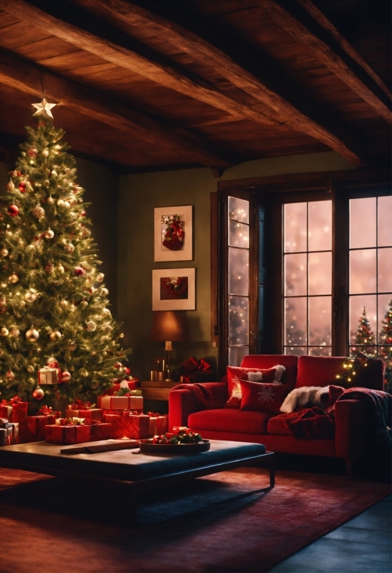 Christmas Tree, Furniture, Light, Window, Lighting, Plant