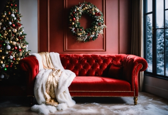Christmas Tree, Furniture, Light, Window, Wood, Couch