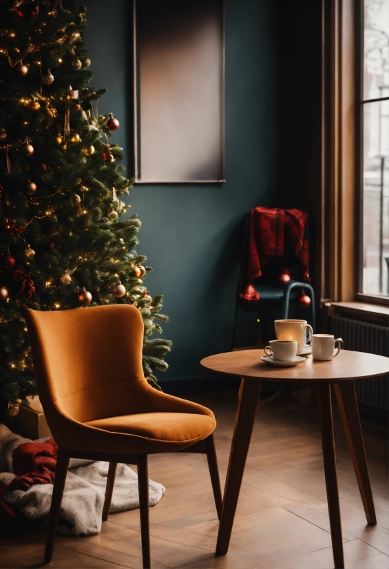Christmas Tree, Furniture, Light, Wood, Chair, Interior Design