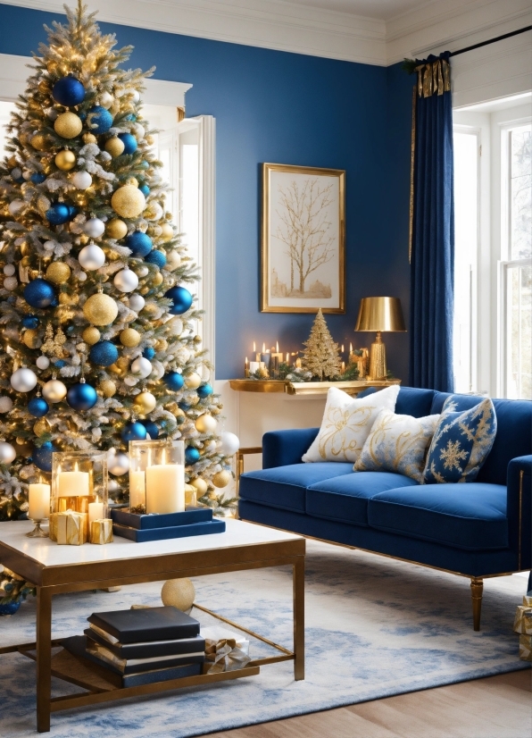 Christmas Tree, Furniture, Property, Blue, Table, Couch
