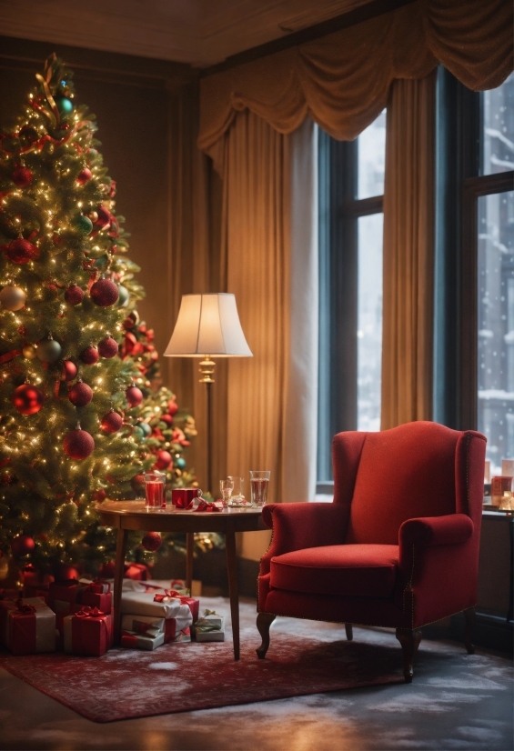 Christmas Tree, Furniture, Property, Light, Window, Wood
