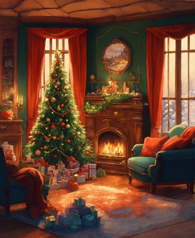 Christmas Tree, Furniture, Property, Window, Christmas Ornament, Curtain