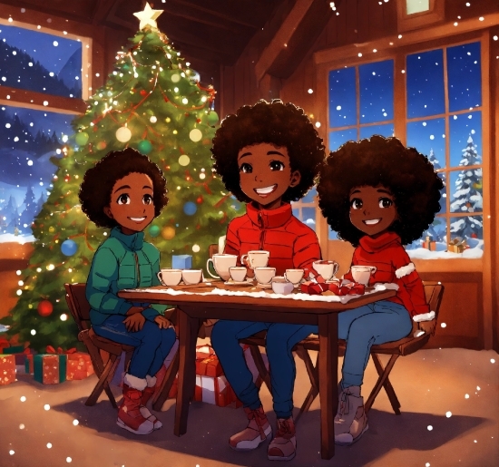 Christmas Tree, Furniture, Table, Smile, Fun, Sharing
