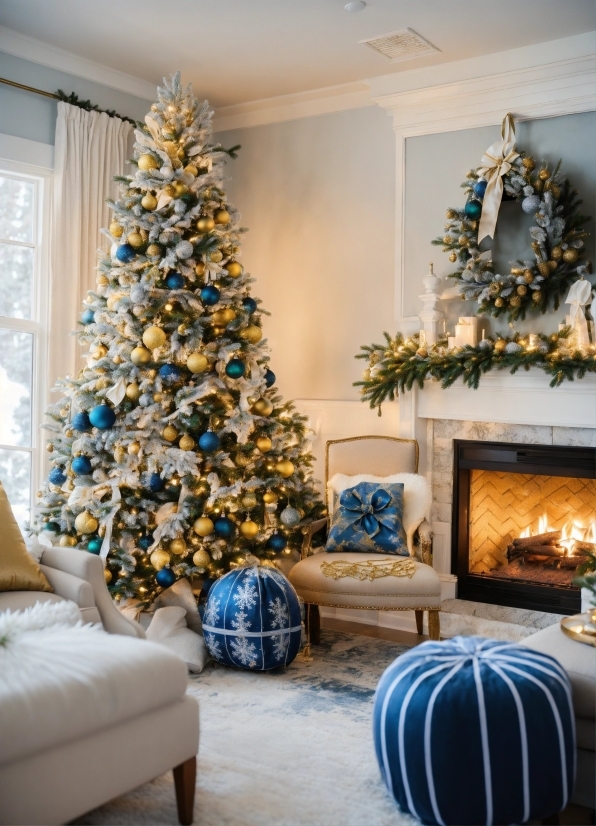Christmas Tree, Furniture, White, Blue, Plant, Christmas Ornament