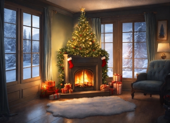 Christmas Tree, Furniture, Window, Building, Light, Wood