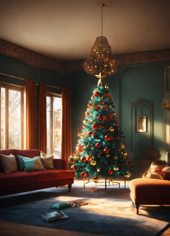 Christmas Tree, Furniture, Window, Christmas Ornament, Couch, Plant