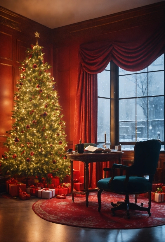 Christmas Tree, Furniture, Window, Light, Chair, Christmas Ornament