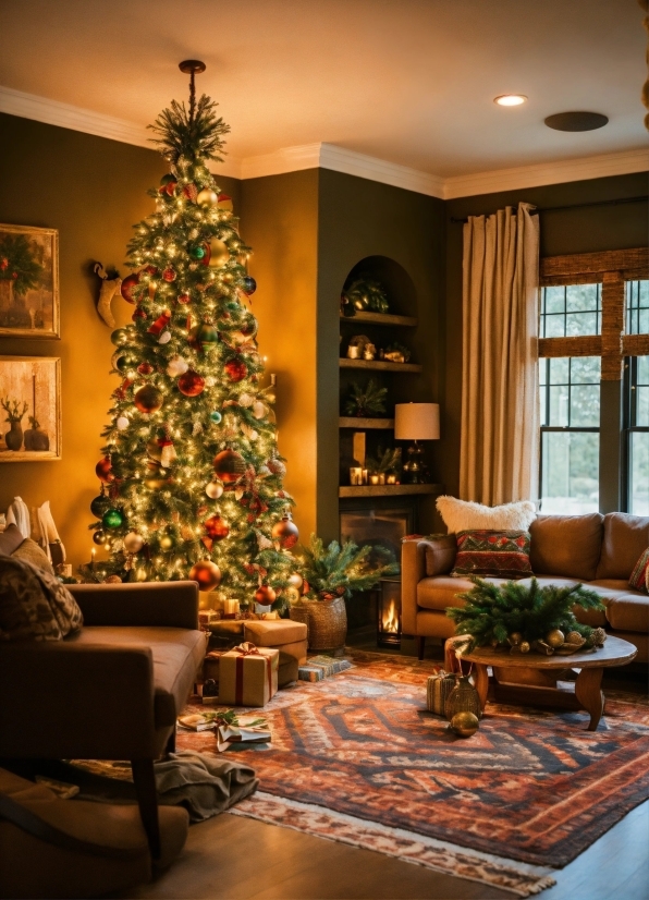 Christmas Tree, Furniture, Window, Plant, Couch, Christmas Ornament