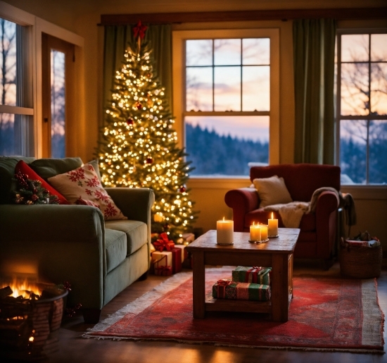 Christmas Tree, Furniture, Window, Property, Couch, Table