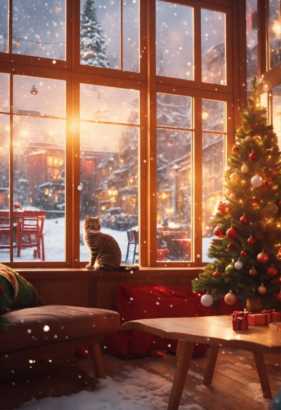 Christmas Tree, Furniture, Window, Table, Light, Building