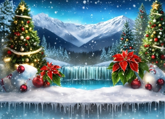 Christmas Tree, Green, Plant, Water, Snow, Blue